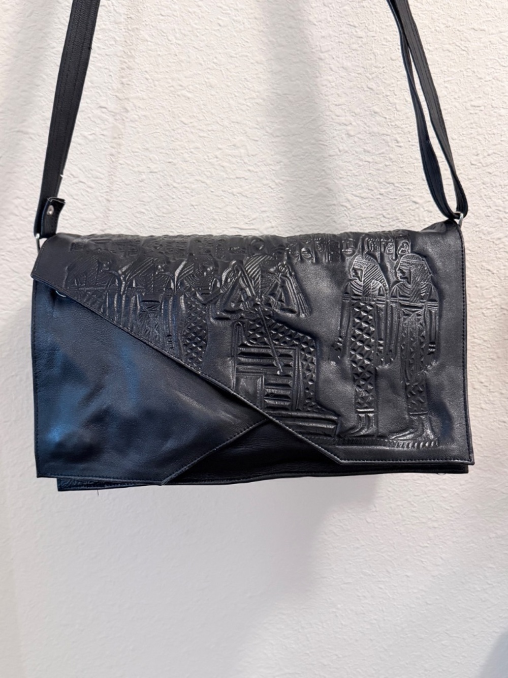 Artisan Black Leather Egyptian Hand-Tooled Embossed Crossbody Bag - Picture 13 of 14